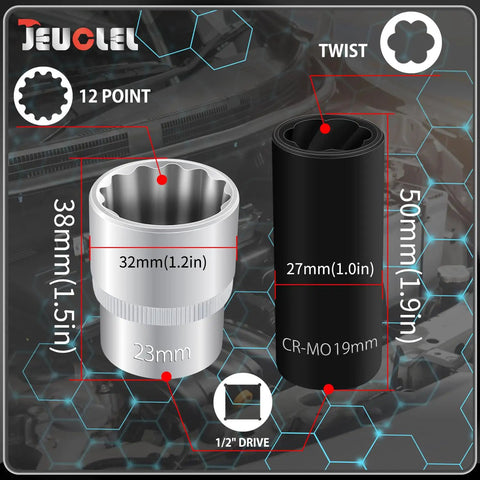 Professional Shop Grade 1/2 Inch Drive 12 Point 23Mm Spline Socket Pair Plus 19Mm Twist Lug Nut Buster For Bmw gnarled locks and stripped bolts, showing socket details.
