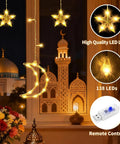 Dazzle Bright Ramadan Curtain String Lights With 138 LEDs Warm White Star Moon Fairy Lights 8 Lighting Modes With Remote 12 Hooks