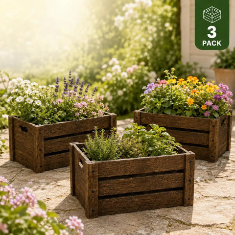Three Pack Extra Large Rustic Wooden Crates For Display And Storage Farmhouse Style Nesting Boxes With Handles outdoors