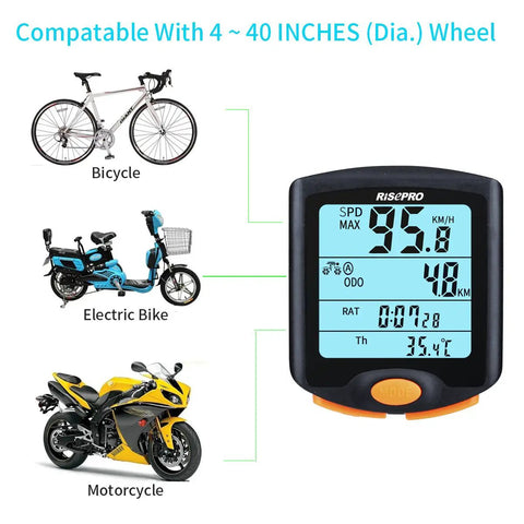 Wireless Bike Computer With Dual Bike Settings, Speedometer And Odometer, Waterproof Multi Function Cyclometer, 4 Line Backlit Display, YT-813, compatible with bicycles, electric bikes, and motorcycles, showing speed and odometer readings.