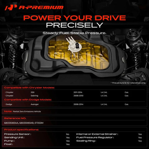 No Hassle Plug And Play Electric Fuel Pump Module Assembly For Chrysler 200 2011 2014 with specifications visible.