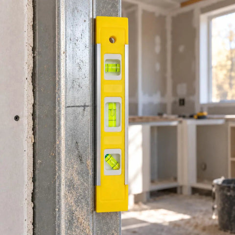 Spirit Level, 0.5mm/m Accuracy affixed to metal, showing yellow and black anodized aluminum with three bubbles for leveling.