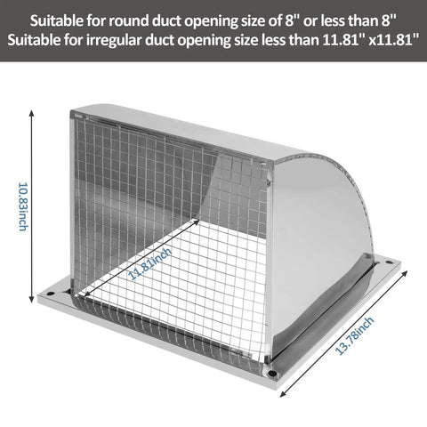 8 Inch Dryer Vent Cover With Screen Mesh Stainless Steel Wall Vent Cap 12x12 Outdoor Exhaust Vent dimensions displayed
