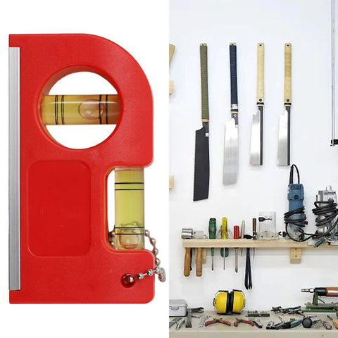 2-in-1 Pocket Level with Metal Chain for Construction and DIY Projects, featuring a red body and horizontal/vertical vials.