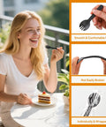 Woman using Mini Black Sporks 4.2 Inch 100 Pack Individually Wrapped Disposable Cutlery Set for desserts at an outdoor table.