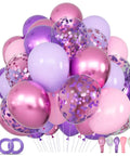 Sixty Eight Piece Pink And Purple Balloons Set 12 Inch Metallic Latex Party Decor With Ribbon Ties For Weddings Birthdays And Baby Showers, featuring various pink and purple balloons.