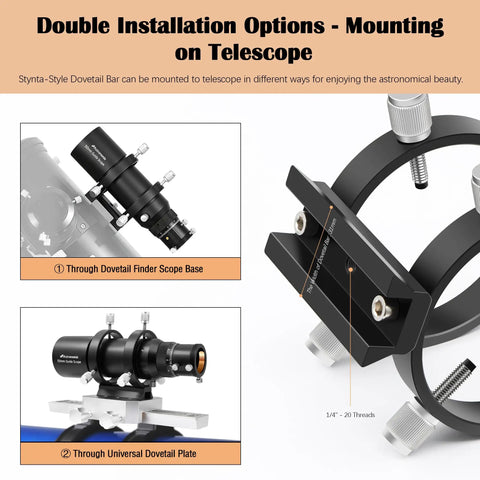 Compact 50mm Guide Scope Kit With Fully Multi-Coated Optics shown with dual installation options on a telescope.