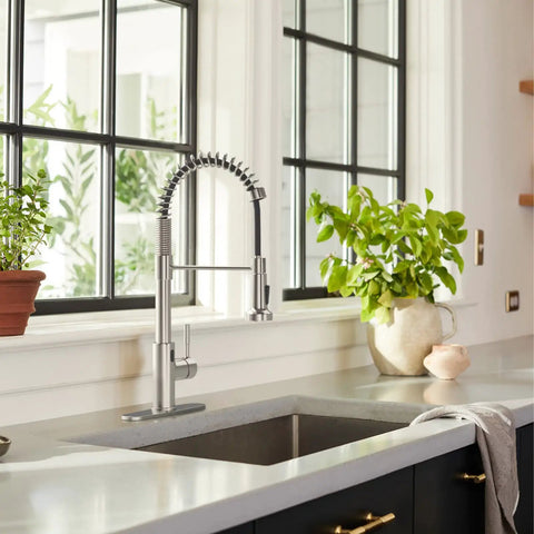 Hands Free Touchless Kitchen Faucet With Pull Down Sprayer, Motion Sensor, Brushed Nickel Finish, installed on a modern kitchen sink.