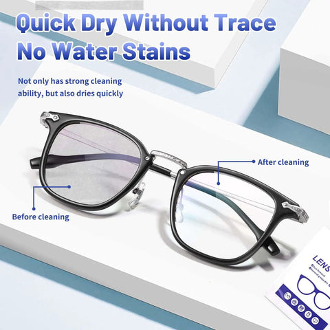 Comparison of lens before and after cleaning with Pre Moistened Lens Wipes For Glasses And Screens 220 Individually Wrapped Eyewear Cleaners.
