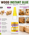 Heavy Duty Fast Setting Wood Glue For Furniture And Woodworking And Clear Water Resistant Adhesive With A Knockout Grip Perfect For Real Deal Diy Projects And Home Crafts in a bottle with detailed uses for wood repairs and crafts.