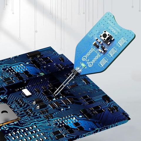 Coil Tester For PCB Inductor With LED Indicator Fault Detection One Button Operation Easy Coil Testing For Motherboard And Other Boards Use This Handy Tester For Fast Diagnostics showing use on circuit board.