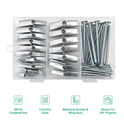 Badass Drywall Anchor Kit With Toggle Bolts And Screws Featuring A 28 Piece Three Size Assortment For Hollow Walls in storage box.