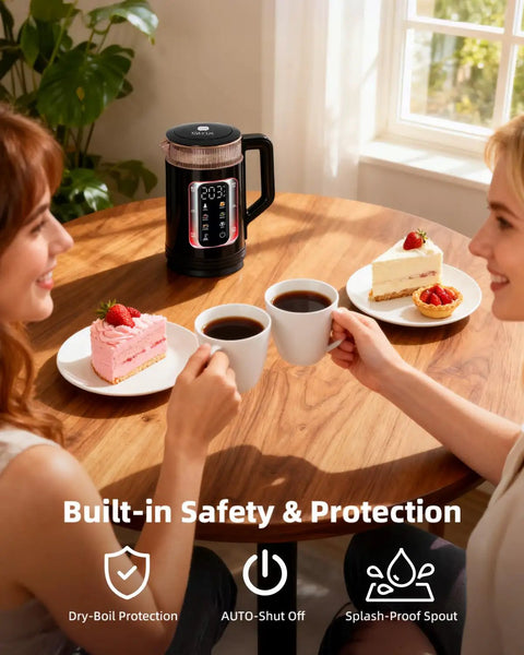 Two people enjoying coffee with an Electric Tea Kettle With Temperature Control And Glass Body on a table.