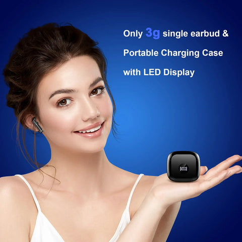 Woman holding mini charging case of Wireless Earbuds With Bluetooth 5.4 And LED Power Display, 13mm Dynamic Drivers For Rich Bass And Crystal Clear Calls, ENC Noise Canceling Mic, IP7 Waterproof Sweatproof Sport In Ear Headphones, 40 Hour Playback With Mini Charging Case, For Android And.