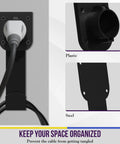 J1772 EV Charger Holder Wall Mount Heavy Duty Steel Cable Organizer Storage Hook showcasing black mount with charging cable.