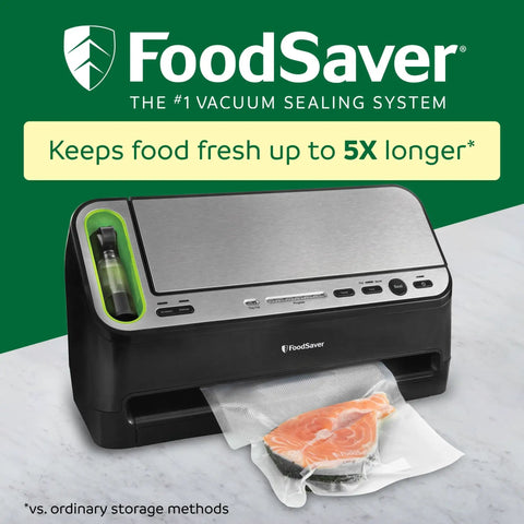Heavy Duty 2 In 1 Vacuum Sealer Machine With Automatic Bag Detection And Starter Kit sealing salmon on a countertop.