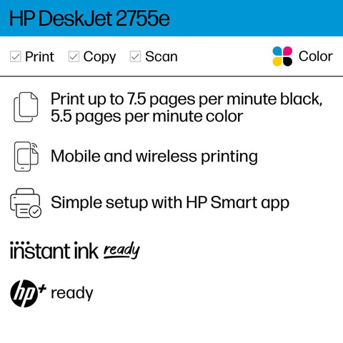 HP DeskJet 2755e infographic highlighting print, copy, scan functions, mobile printing, and instant ink readiness