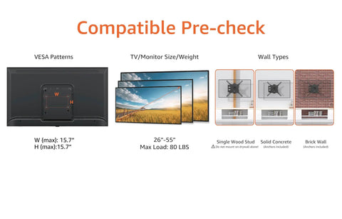 Compatible pre-check details for Built Tough Full Motion TV Wall Mount With Effortless Swivel And Tilt Angles For Twenty Six To Fifty Five Inch Screens Handling Up To Eighty Pounds.