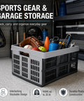 Hella Durable Folding Storage Crate 32L With Grip Handles And Reinforced Bottom holds sports gear in stackable gray plastic crate.