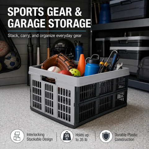 Hella Durable Folding Storage Crate 32L With Grip Handles And Reinforced Bottom holds sports gear in stackable gray plastic crate.