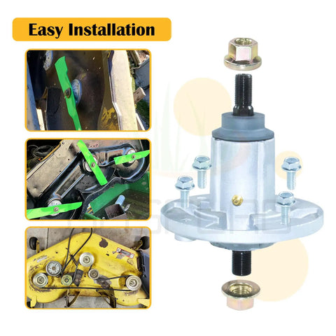 Solid As A Rock Heavy Duty GY21099 Spindle Assembly 3 Pack For John Deere 54 Inch Mower Decks, aluminum housing and installation graphics.
