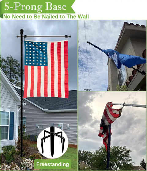 10Ft Garden Flag Pole Stand With 5 Prong Base For 3x5 American Flags displayed in garden, wall-free installation shown