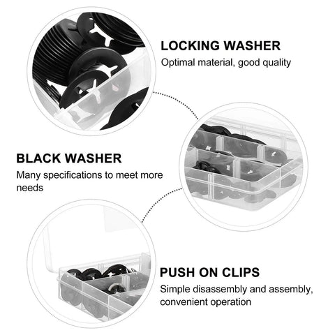Internal Tooth Lock Washers Push On Quick Clips Black 340 Piece Assortment Kit showing locking washers in sections