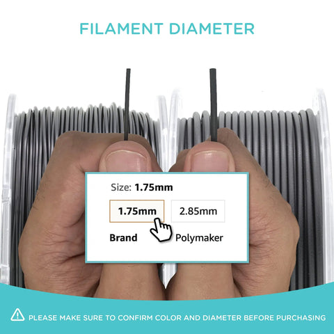 Hands holding 1.75mm ABS filament next to 2.85mm, displaying Premium Abs 3D Printer Filament 1.75mm Grey 5kg Spool.