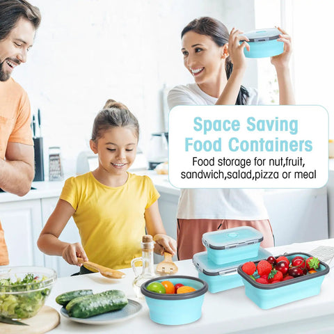 Family using 16 Pack Collapsible Food Storage Containers With Lids Foldable 8 Rectangular Bowls And 8 Round Silicone Bowls For Lunch