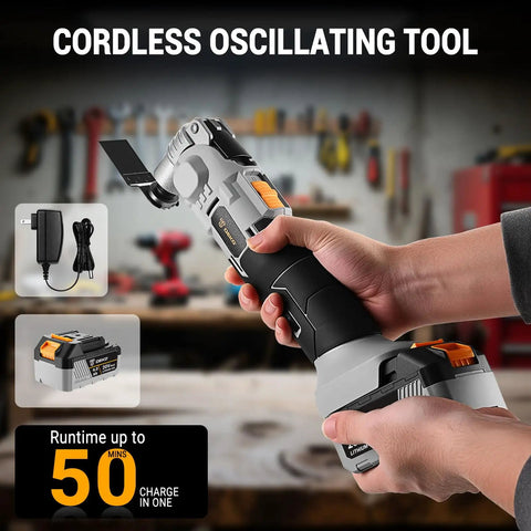 No Drama 20V Brushless Cordless Oscillating Multitool showing ergonomic grip and charging indicator for smooth cutting.