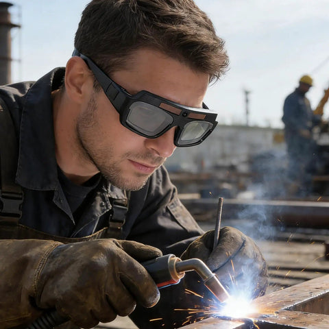 Man wearing Solar Powered Auto Darkening Welding Glasses With Killer Panoramic View And Super Comfy Wraparound Fit while welding.