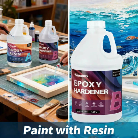 Crystal Clear Epoxy Resin Kit 1 Gallon Self Leveling UV Resistant Rapid Cure For DIY Projects River Tables Woodworking Art Molds Casting Jewelry And Crafts For Beginners And Pros shown with artist using resin on canvas