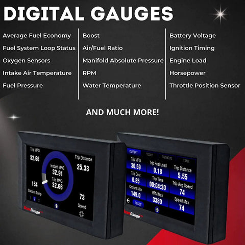 All New Touch Screen OBD2 Code Reader With Digital Gauges showing trip computer data, free WiFi updates, and multiple pages.