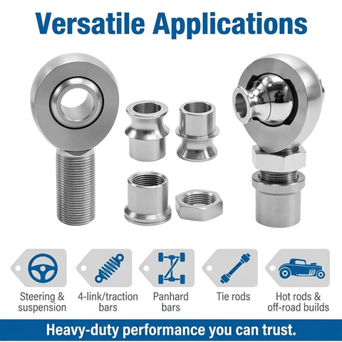 Heavy Duty One Inch Chromoly Heim Joint Rod End Kit With Right And Left Hand Threads Plus Tube Adapter Two Pack showing various components.
