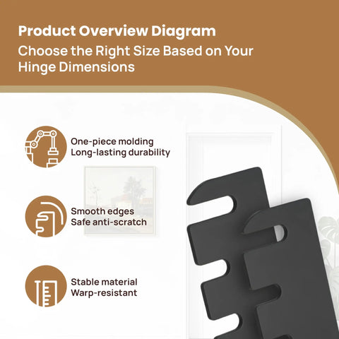 Diagram illustrating Hassle Free 12 Piece Black Door Hinge Shims 4 Inch Heavy Duty Spacers for hinge size selection and durability.