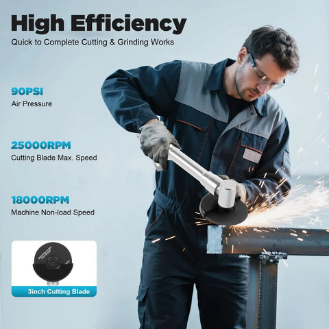 Heavy Hitter 3 Inch Pneumatic Angle Grinder With Super Long Handle cutting metal, sparks flying, showcasing high speed and efficiency.