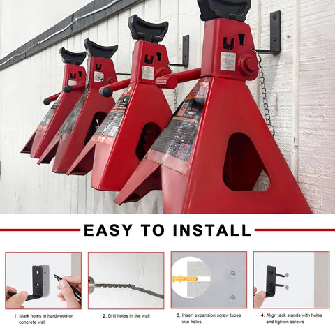 Heavy Duty Jack Stands Wall Mount Organizer Set Four Pack Wall Storage Rack with anchors and screws holding red 2-6 ton jacks