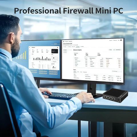 Fanless Firewall Mini Pc Powered By Intel J3710 Chipset And Four Native Two Point Five Gbps Ports With Aes Ni Support For Smashing Through Heavy Traffic And Running A Sleek Barebone Network Gateway Today, shown on a desk with dual monitors.
