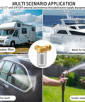 Brass Washing Machine Water Filter Reusable 40 Micron Sediment Filter High Flow Anti Scale Filtration Up To 15 GPM For Washers Heaters And Camping Use shown in different applications like RVs, boats, car wash, and gardening.