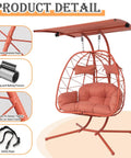 Double Egg Chair With Stand And Adjustable Canopy For Indoor Outdoor Use Cozy 2 Person Wicker Swing Orange Red