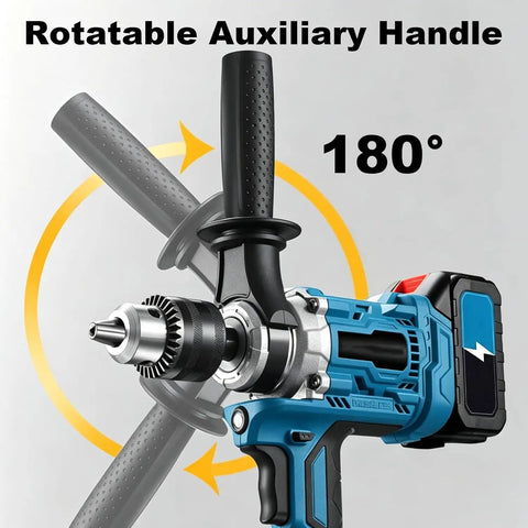 Cordless Drill And Cement Mixer With Two Speed Control And Rotatable Grip, featuring a 180° rotatable auxiliary handle for versatile use.