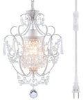 Plug In Mini Crystal Chandelier, White Retro Ceiling Light with genuine crystal and iron frame, ideal for girls bedroom.