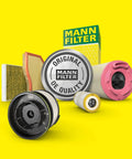 Various Mann oil filters on yellow background, focus on W9504 Spin On Oil Filter Replacement For VW EuroVan 1992 1998 and Volvo 740 1985 1986.