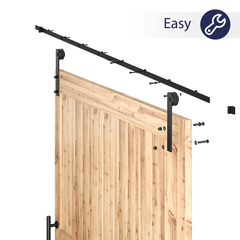 All In One Heavy Duty Sliding Barn Door Hardware Kit Features 11 Foot Track With Whisper Quiet Nylon Rollers For Rock Solid Reliability Smooth Silent Operation Dead Simple Install Durable Alloy Frame No Door Included Matte Black Finish showing installation parts and track.