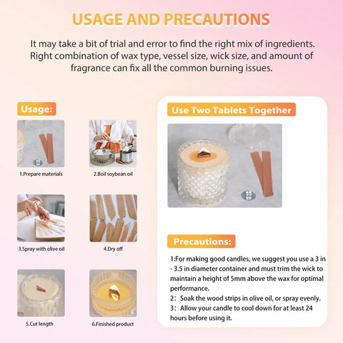 Instructions and precautions for Dope Cherry Wood Candle Wicks Kit For DIY Candles, 100 Pcs With Long Lasting Flame.