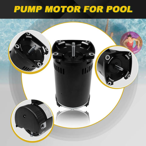 Beefy 1.5 HP Pool Pump Motor Single Speed Square Flange Direct Replacement Fits Pentair Whisperflo StaRite And AOSmith Century B2854 B854 Models showing motor top and bottom views.