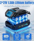 Premium Quality 21V Brushless Cordless Drill And Driver Kit With Two Batteries And Rapid Charger 2 Speed Shifts Rock Solid Torque Responsive Trigger Built Tough For Weekend Handyman Jobs, showing 21V 1.5Ah lithium battery with performance details.