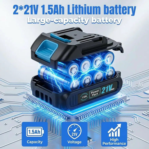 Premium Quality 21V Brushless Cordless Drill And Driver Kit With Two Batteries And Rapid Charger 2 Speed Shifts Rock Solid Torque Responsive Trigger Built Tough For Weekend Handyman Jobs, showing 21V 1.5Ah lithium battery with performance details.