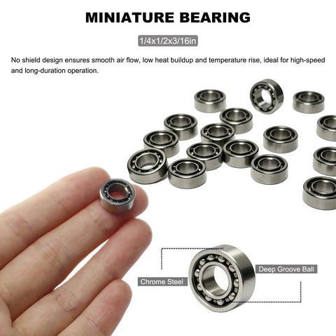Twenty Top Shelf R188 Deep Groove Ball Bearings Quarter Inch By Half Inch By Three Sixteenth Inch Heavy Duty Chrome Steel Smooth Turning Power For Car Mods And Home Shop Fix Ups Right Here held in hand with additional bearings in background.