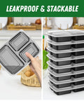 Stack of 32 Ounce Meal Prep Containers With Lids Three Compartment Reusable Plastic To Go Takeout Food Storage Boxes in kitchen
